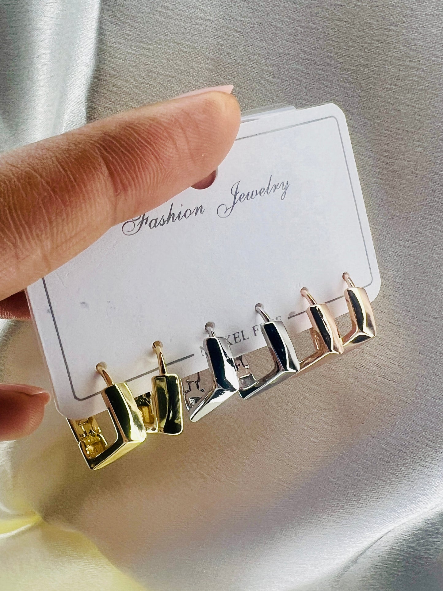 Chunky Rectangular Hoop Earrings Set – Gold, Silver & Rose Gold