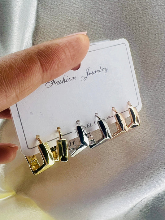 Chunky Rectangular Hoop Earrings Set – Gold, Silver & Rose Gold