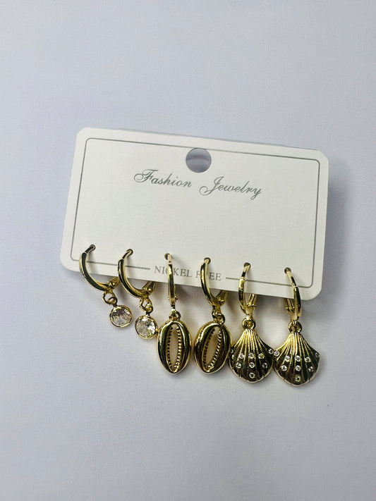Gold-Plated Ocean Charm Hoop Earrings Set – Crystal, Cowrie & Seashell