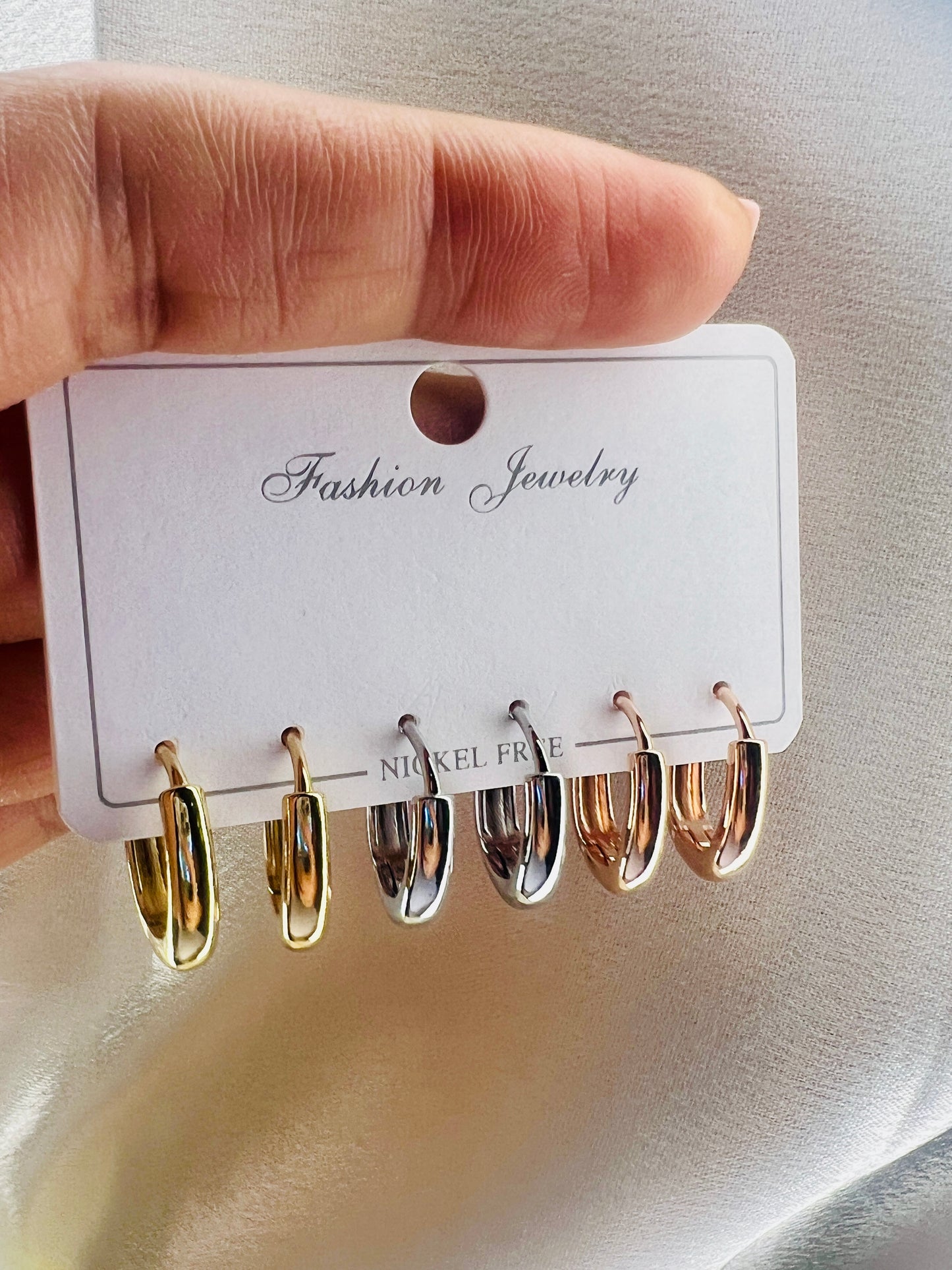 Chunky oval Hoop Earrings Set – Gold, Silver & Rose Gold