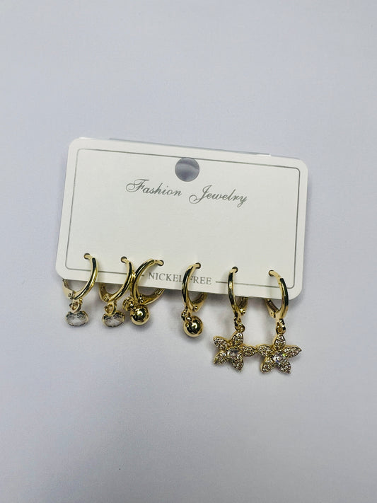 Gold-Plated Dangle Hoop Earrings Set – Floral & Charm Design