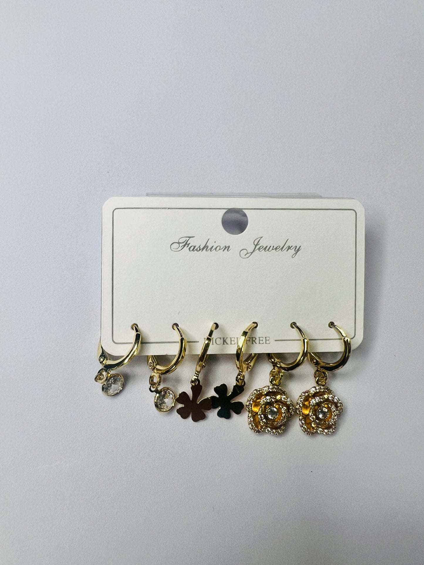 Gold-Plated Dangle Hoop Earrings Set – Floral & Charm Design