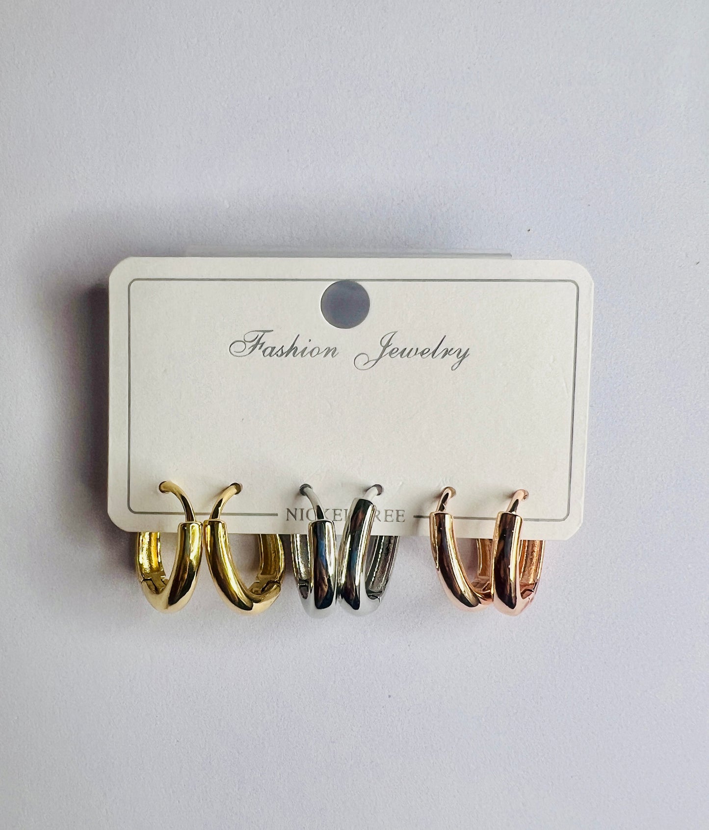 Chunky oval Hoop Earrings Set – Gold, Silver & Rose Gold