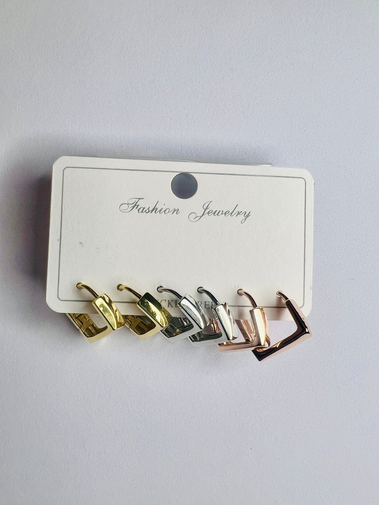 Chunky Rectangular Hoop Earrings Set – Gold, Silver & Rose Gold