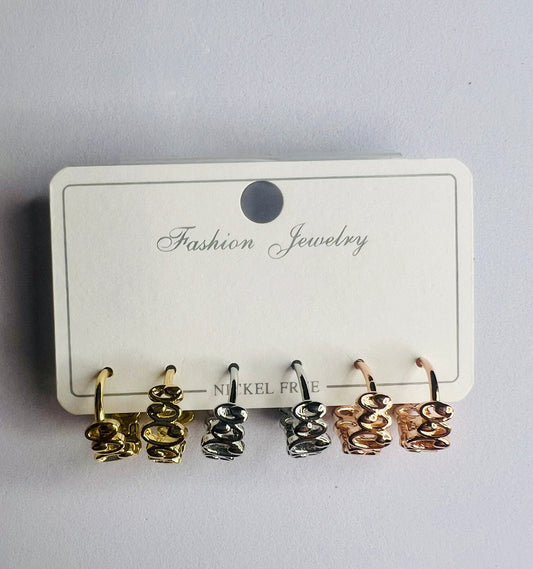Wavy Hoop Earrings Set – Gold, Silver & Rose Gold