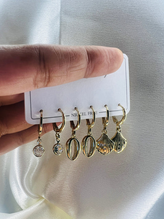 Gold-Plated Ocean Charm Hoop Earrings Set – Crystal, Cowrie & Seashell