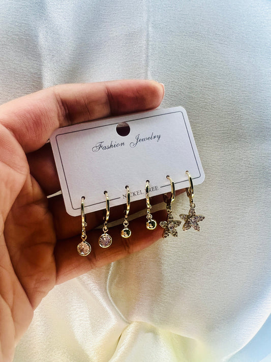 Gold-Plated Dangle Hoop Earrings Set – Floral & Charm Design