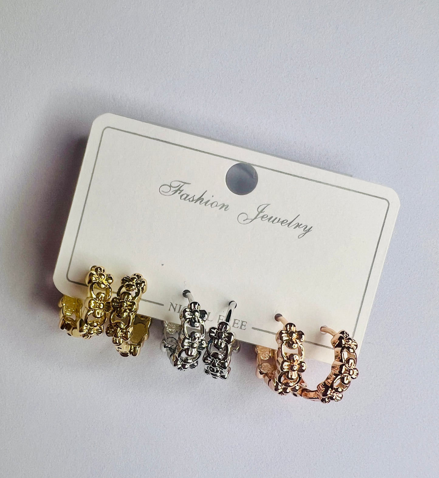 Floral Round Hoop Earrings Set – Gold, Silver & Rose Gold