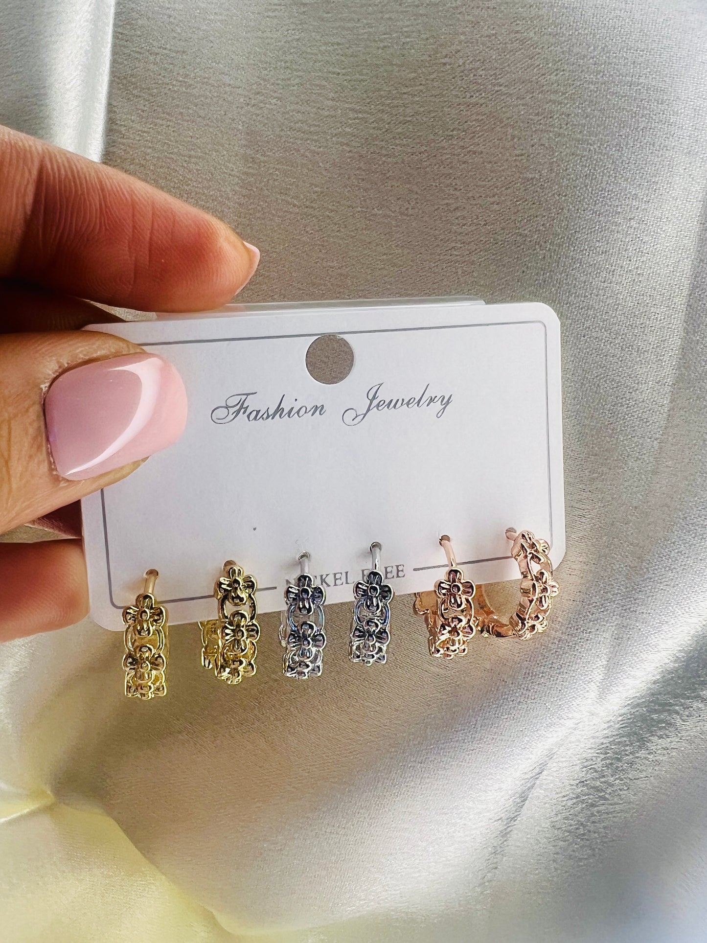 Floral Round Hoop Earrings Set – Gold, Silver & Rose Gold