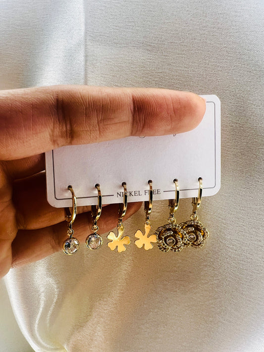Gold-Plated Dangle Hoop Earrings Set – Floral & Charm Design