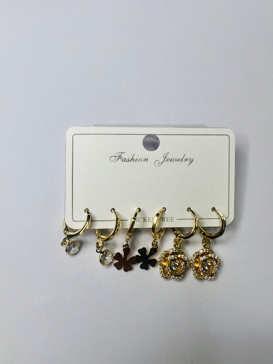 Gold-Plated Dangle Hoop Earrings Set – Floral & Charm Design